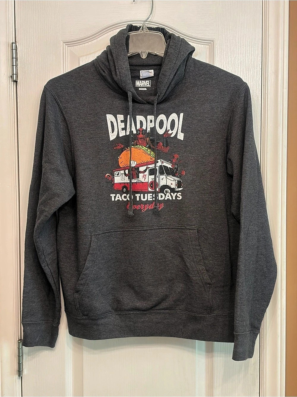 Vintage Men’s Marvel Deadpool Taco Truck Graphic Hoodie | Charcoal Grey (M)